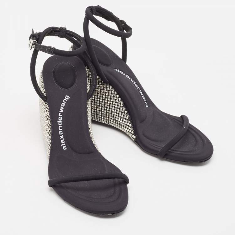 Pre Owned Alexander Wang Dahlia Black Satin Crystal Ankle Strap Wedge Sandals Size 38