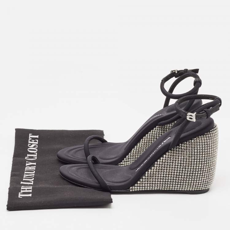 Pre Owned Alexander Wang Dahlia Black Satin Crystal Ankle Strap Wedge Sandals Size 38