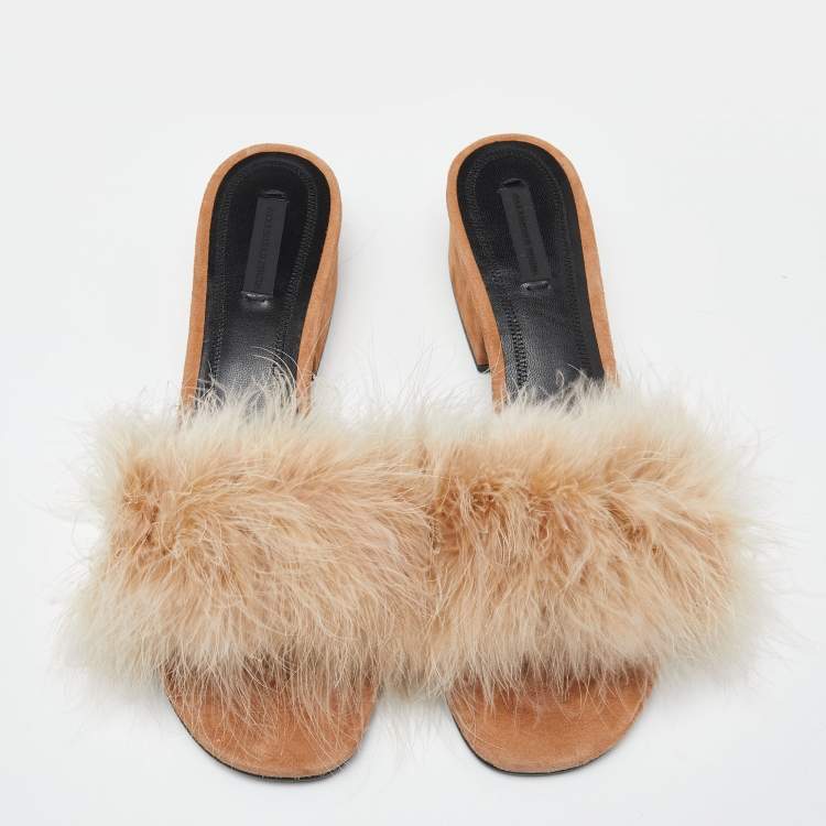 Pre Owned Alexander Wang Brown Fur Open Toe Block Heel Slide Sandals Size 41