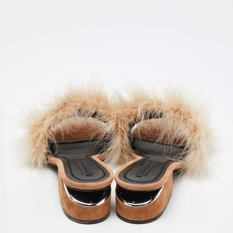 Pre Owned Alexander Wang Brown Fur Open Toe Block Heel Slide Sandals Size 41