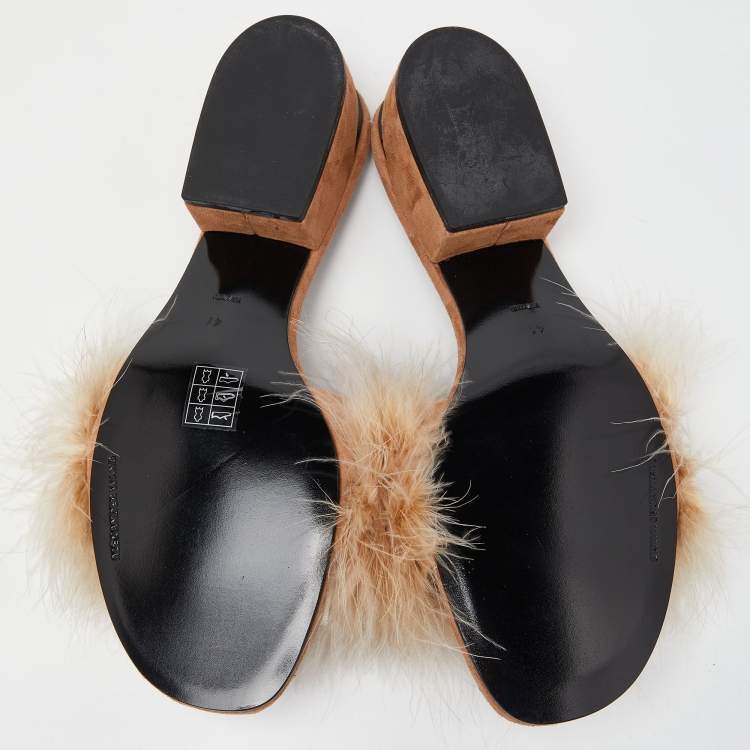 Pre Owned Alexander Wang Brown Fur Open Toe Block Heel Slide Sandals Size 41