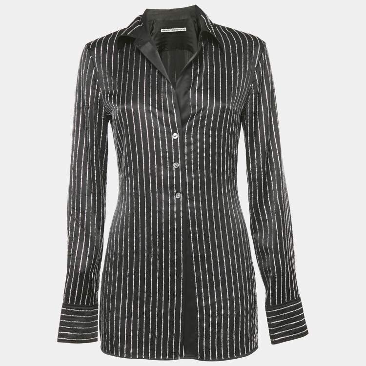 Pre Owned Alexander Wang  Black Embellished Striped Silk Satin Shirt S