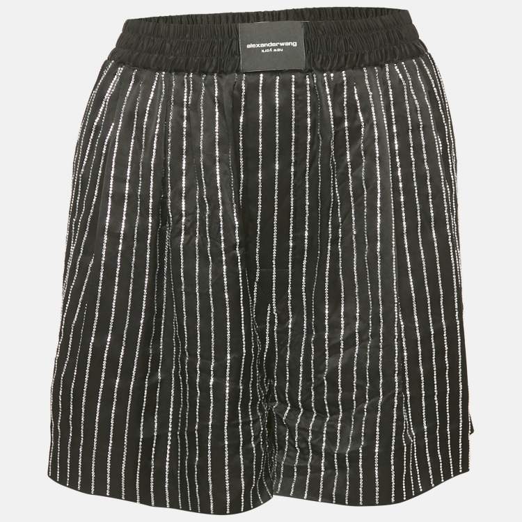 Pre Owned Alexander Wang Black Embellished Striped Satin Shorts L