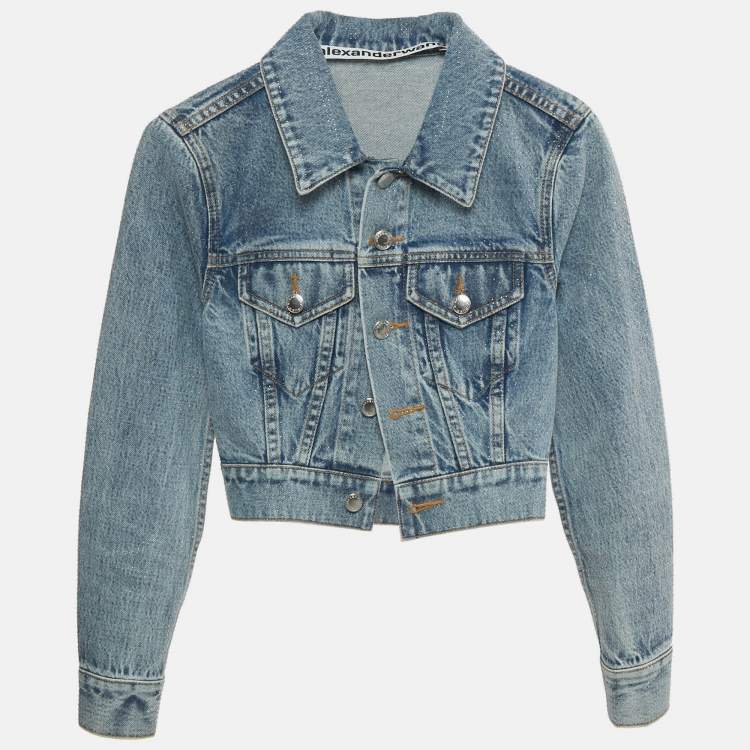 مملوكة مسبقًا Alexander Wang Blue Rhinestone Denim Crop Jacket XS