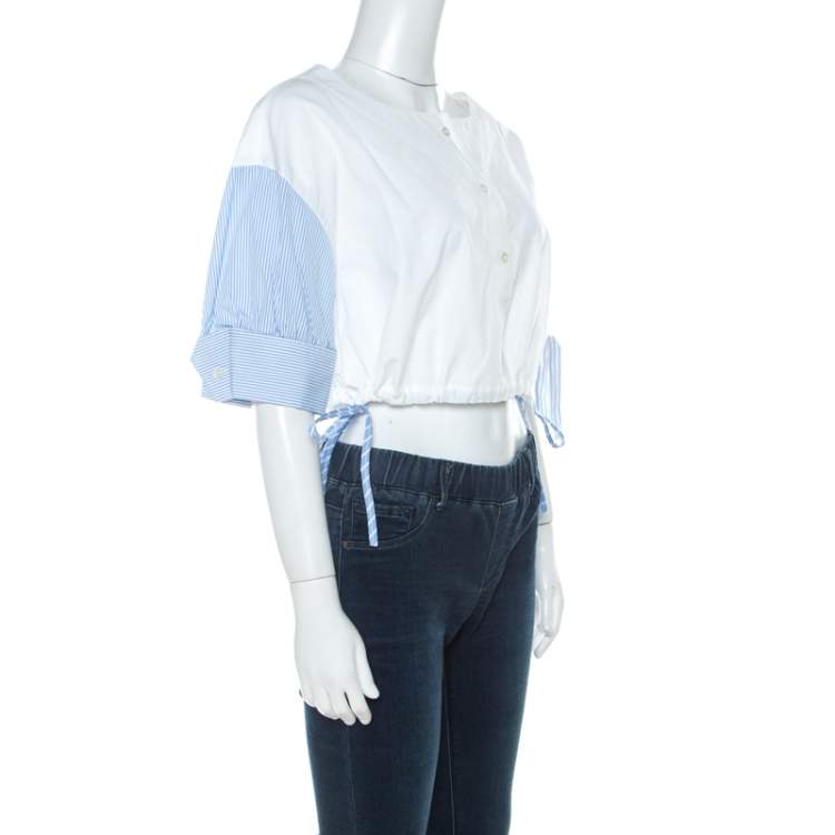 Pre Owned Alexander Wang Bleach White Cotton Contrast Sleeve Detail Henley Crop Top M