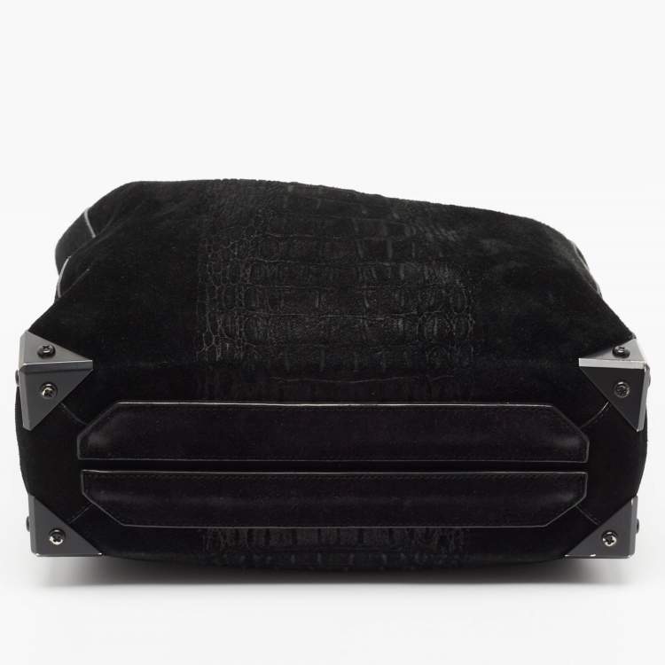 Pre Owned Alexander Wang Black Croc Embossed Suede Prisma Tote