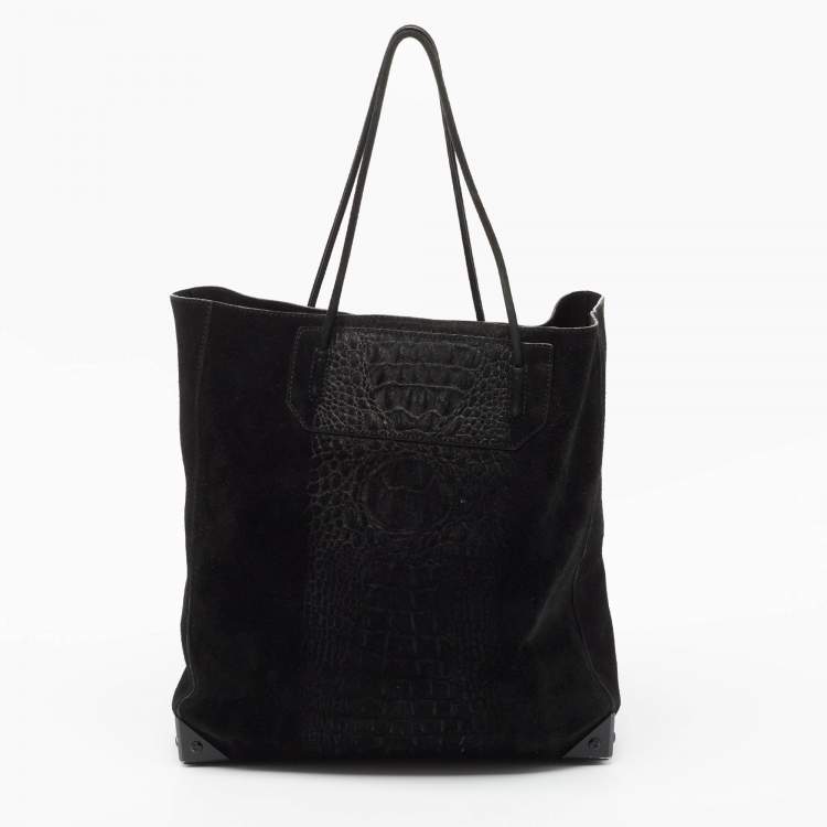 Pre Owned Alexander Wang Black Croc Embossed Suede Prisma Tote