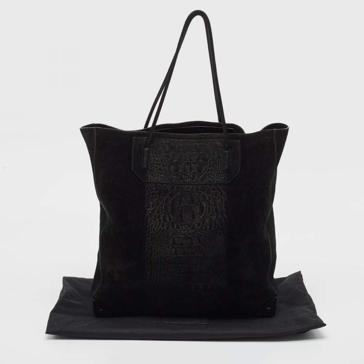 Pre Owned Alexander Wang Black Croc Embossed Suede Prisma Tote