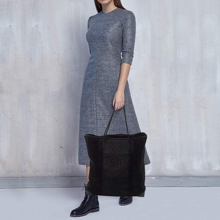 Pre Owned Alexander Wang Black Croc Embossed Suede Prisma Tote