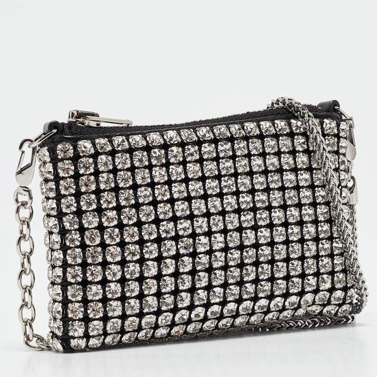 Pre Owned Alexander Wang Black/Silver Leather Nano Crystals Heiress Chain Clutch