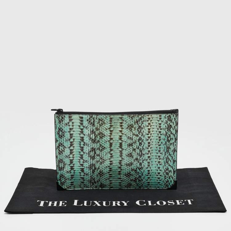 Pre Owned Alexander Wang Black Green Watersnake and Leather Zip Clutch