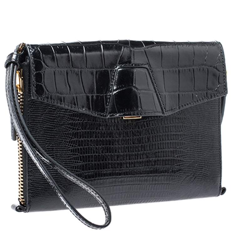 Pre Owned Alexander Wang Black Croc Embossed Leather Lydia Wristlet Clutch