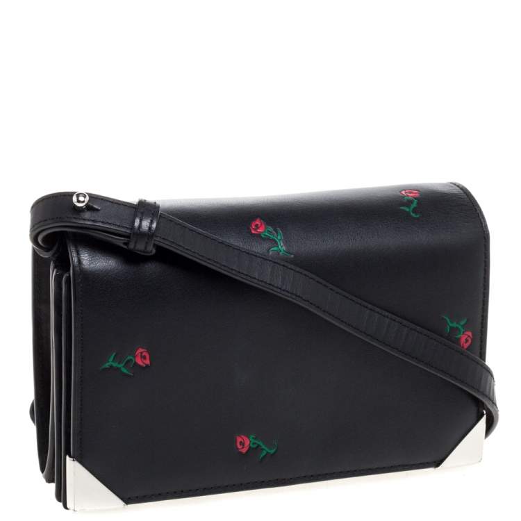 Pre Owned Alexander Wang Black Rose Embossed Leather Prisma Biker Shoulder Bag