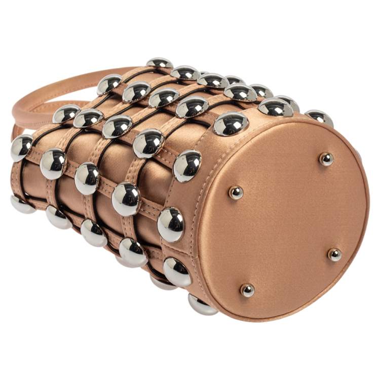 Pre Owned Alexander Wang Metallic Rose Gold Satin Woven Studded Bucket Bag