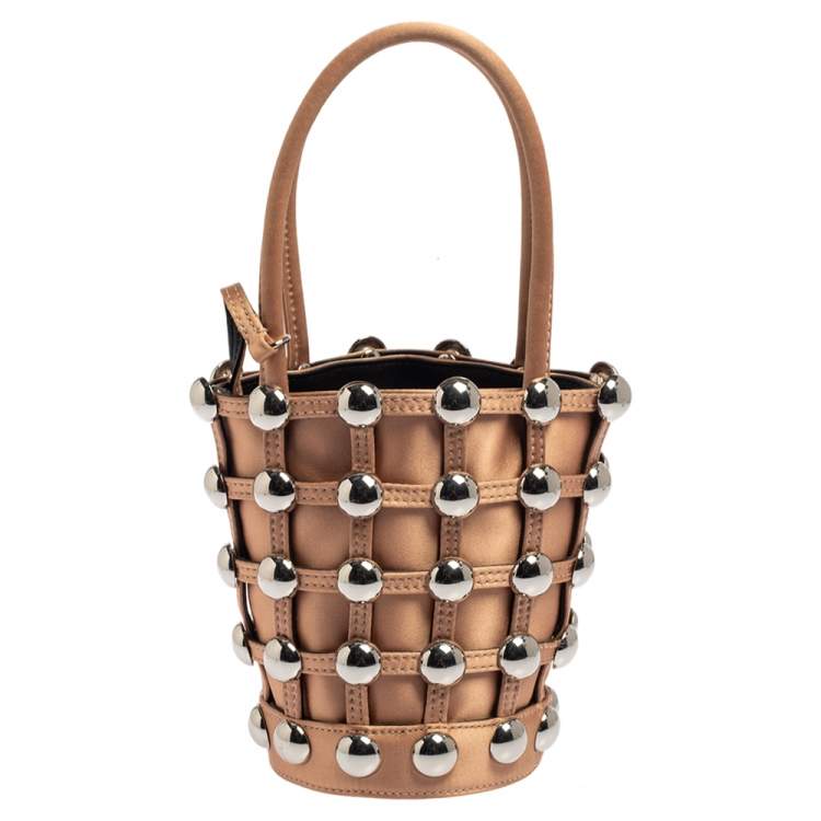 Pre Owned Alexander Wang Metallic Rose Gold Satin Woven Studded Bucket Bag