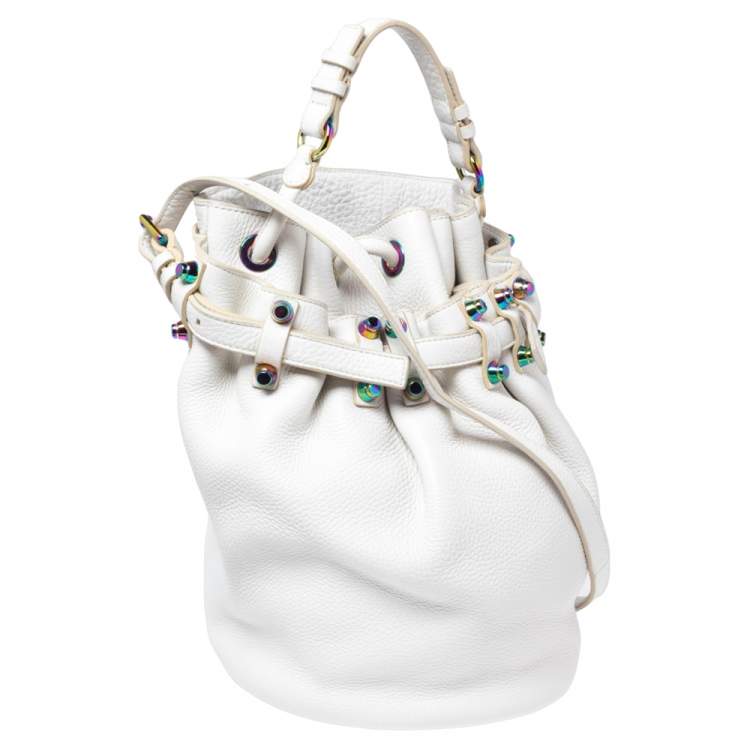 Pre Owned Alexander Wang White Leather Iridescent Stud Diego Bucket Bag