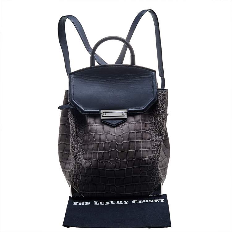 Pre Owned Alexander Wang Grey Croc Embossed Leather Prisma Drawstring Backpack