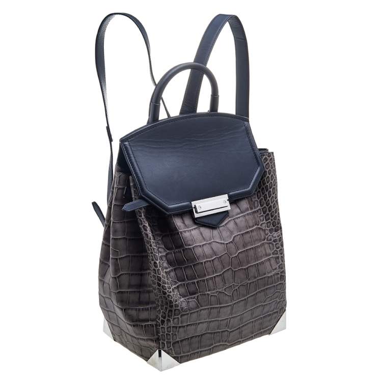 Pre Owned Alexander Wang Grey Croc Embossed Leather Prisma Drawstring Backpack