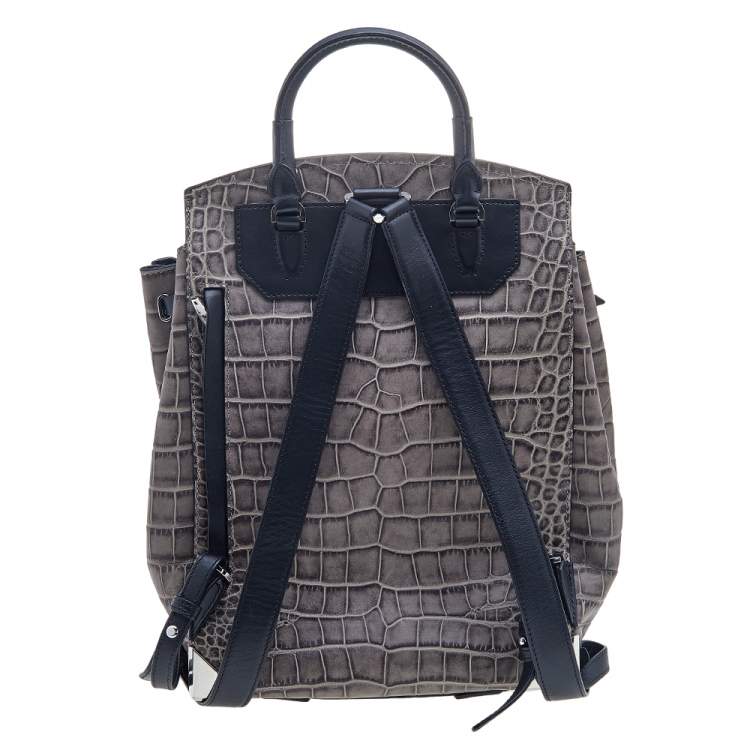 Pre Owned Alexander Wang Grey Croc Embossed Leather Prisma Drawstring Backpack
