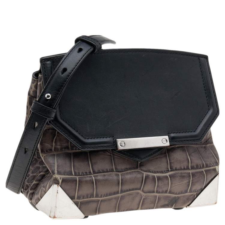 Pre Owned Alexander Wang Grey/Black Croc Embossed Leather Mini Marion Prisma Shoulder Bag