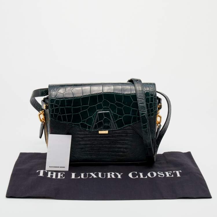 Pre Owned Alexander Wang Green Croc Embossed And Iguana Leather Marion Prisma  Shoulder Bag