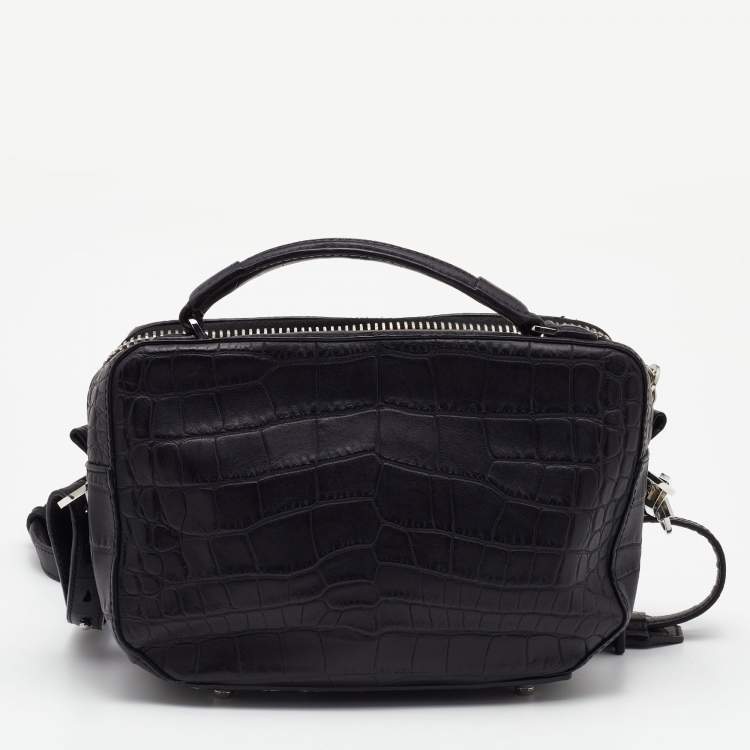 Pre Owned Alexander Wang Black Croc Embossed Leather Front Pocket Top Handle Bag 