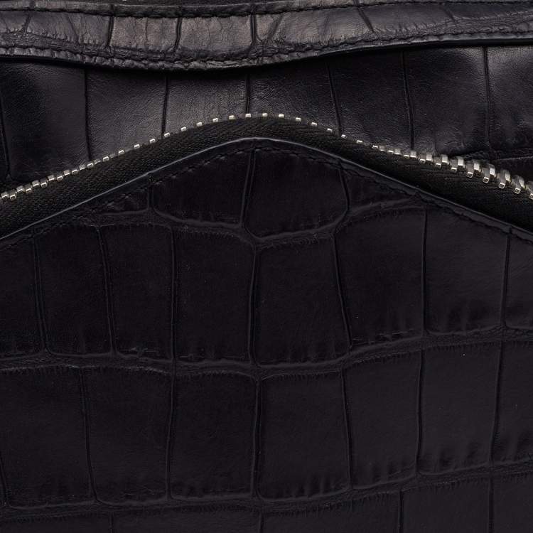 Pre Owned Alexander Wang Black Croc Embossed Leather Front Pocket Top Handle Bag 