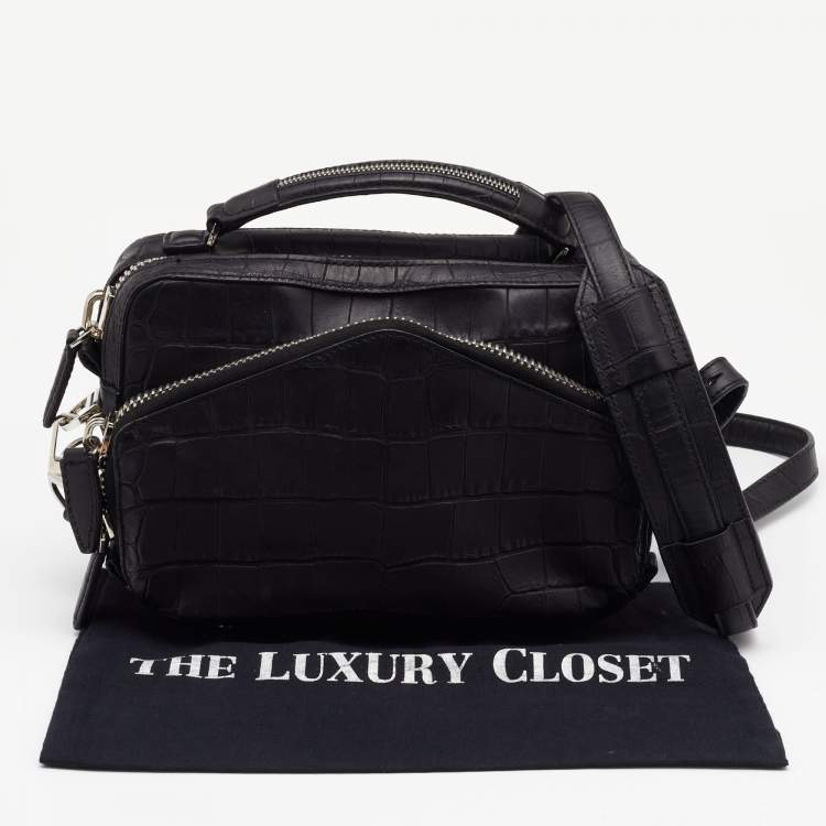 Pre Owned Alexander Wang Black Croc Embossed Leather Front Pocket Top Handle Bag 