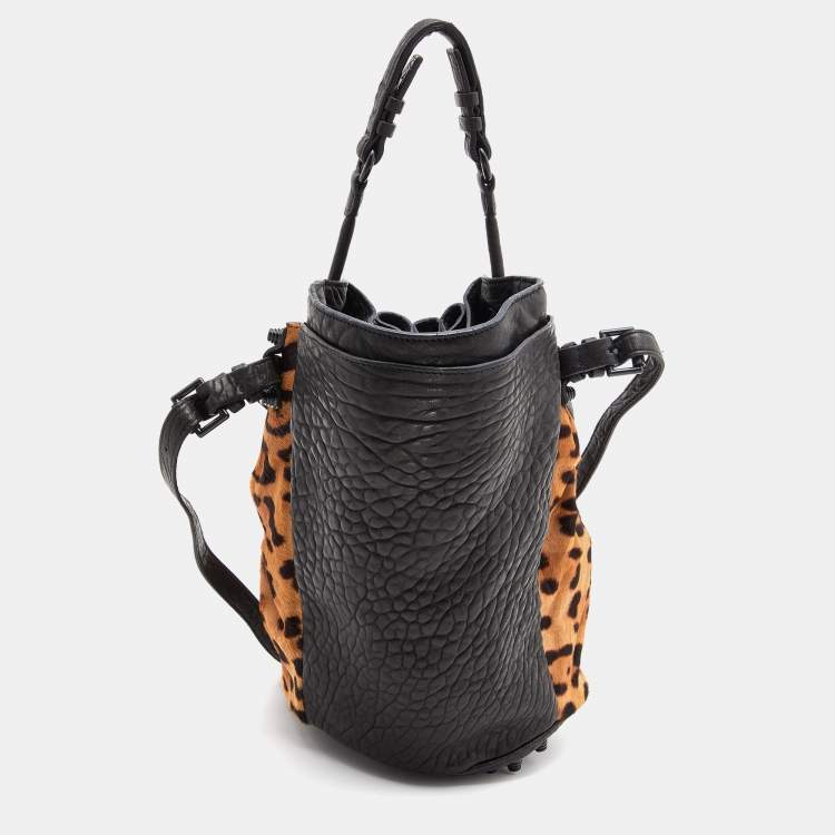 Pre Owned Alexander Wang Black/Brown Leopard Print Calfhair and Leather Diego Bucket Bag