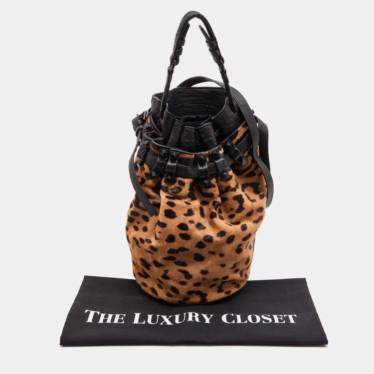 Pre Owned Alexander Wang Black/Brown Leopard Print Calfhair and Leather Diego Bucket Bag