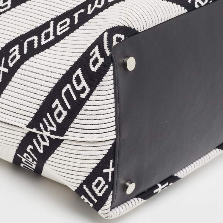 Pre Owned Alexander Wang White/Black Knit Fabric Jacquard Diagonal Logo Roxy Tote 