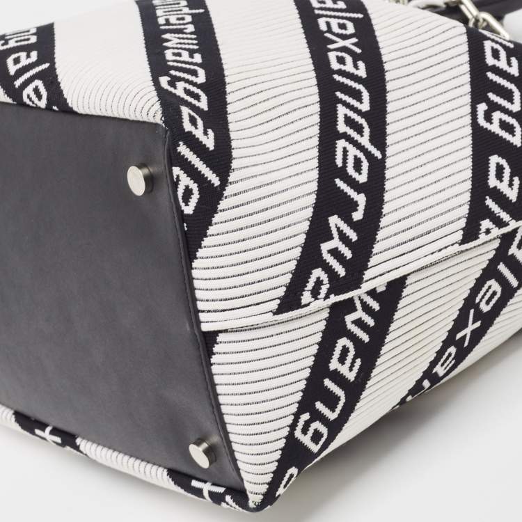 Pre Owned Alexander Wang White/Black Knit Fabric Jacquard Diagonal Logo Roxy Tote 