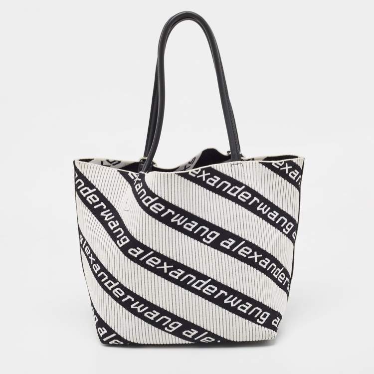 Pre Owned Alexander Wang White/Black Knit Fabric Jacquard Diagonal Logo Roxy Tote 