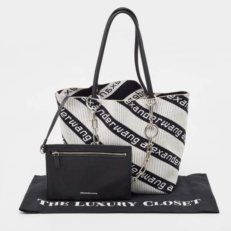Pre Owned Alexander Wang White/Black Knit Fabric Jacquard Diagonal Logo Roxy Tote 
