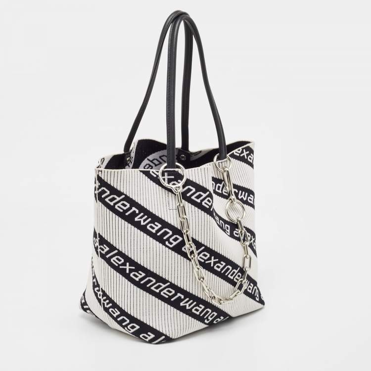 Pre Owned Alexander Wang White/Black Knit Fabric Jacquard Diagonal Logo Roxy Tote 