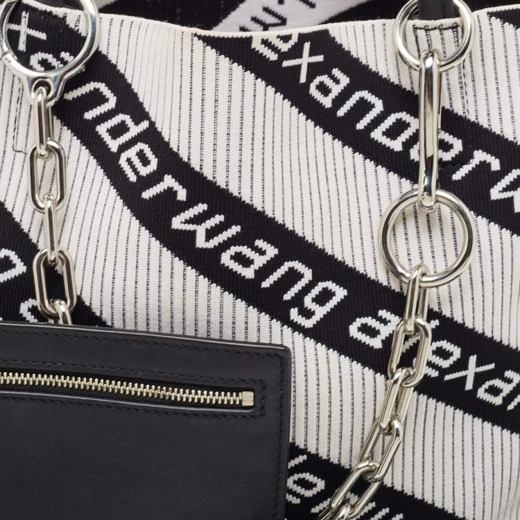 Pre Owned Alexander Wang White/Black Knit Fabric Jacquard Diagonal Logo Roxy Tote 