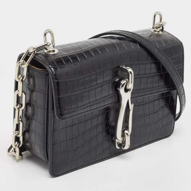 Pre Owned Alexander Wang Black Croc Embossed Leather Hook Shoulder Bag