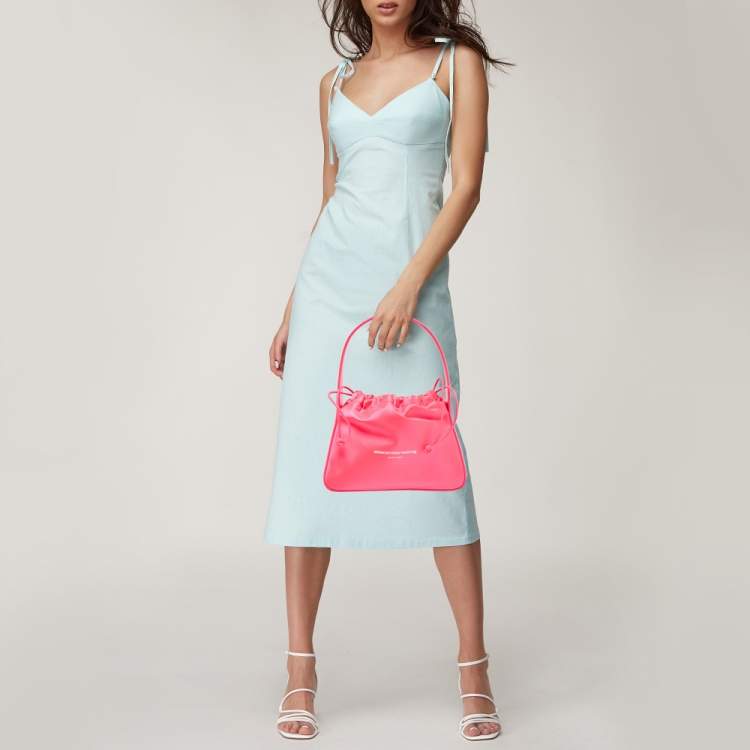 Pre Owned Alexander Wang Neon Pink Satin and Leather Ryan Drawstring Bag