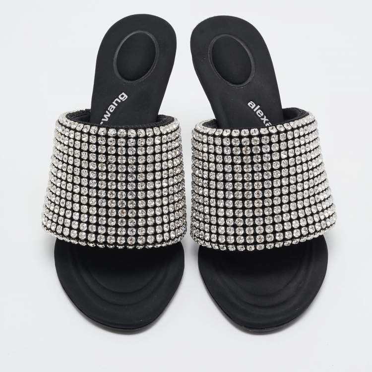 Pre Owned Alexander Wang Black Crystal Embellished Open Toe Slide Sandals Size 38