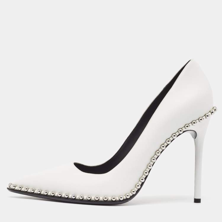 Pre Owned Alexander Wang White Leather Rie Studded Pointed-Toe Pumps Size 39.5