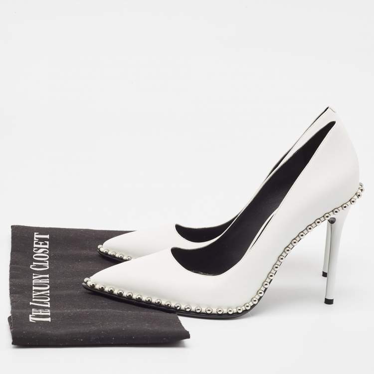 Pre Owned Alexander Wang White Leather Rie Studded Pointed-Toe Pumps Size 39.5