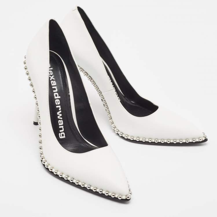 Pre Owned Alexander Wang White Leather Rie Studded Pointed-Toe Pumps Size 39.5