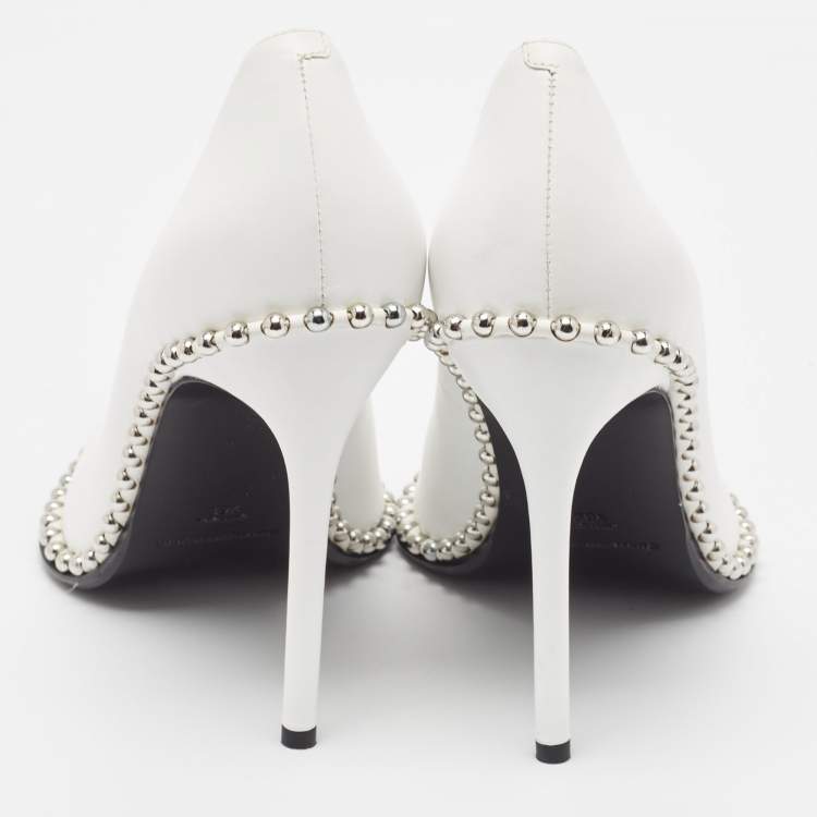 Pre Owned Alexander Wang White Leather Rie Studded Pointed-Toe Pumps Size 39.5