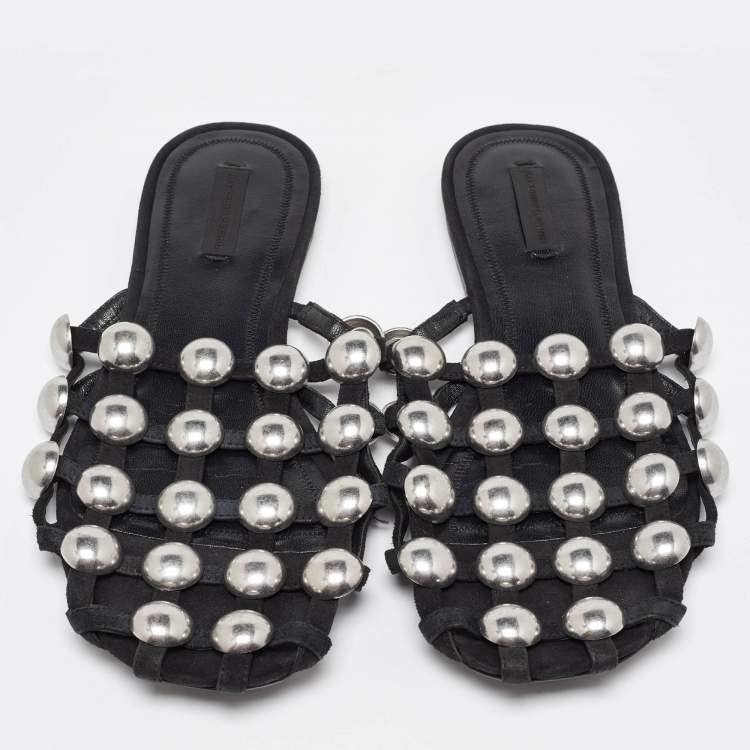 Pre Owned Alexander Wang Black Suede Amelia Studded Flat Slides Size 40