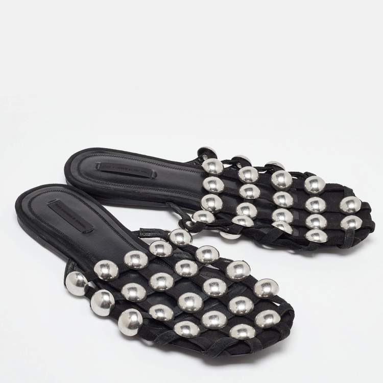Pre Owned Alexander Wang Black Suede Amelia Studded Flat Slides Size 40