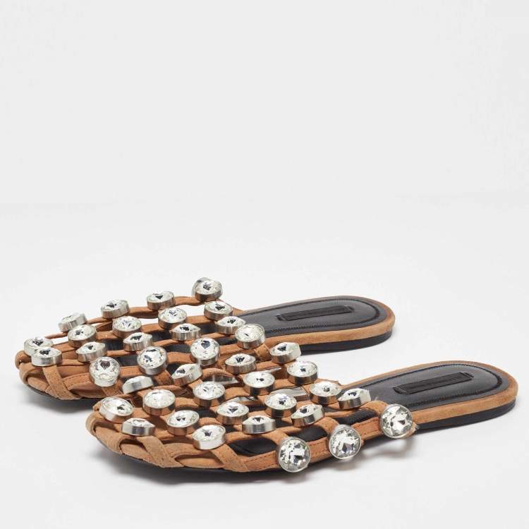 Pre Owned Alexander Wang Brown Leather Amelia Studded Flat Slides Size 38
