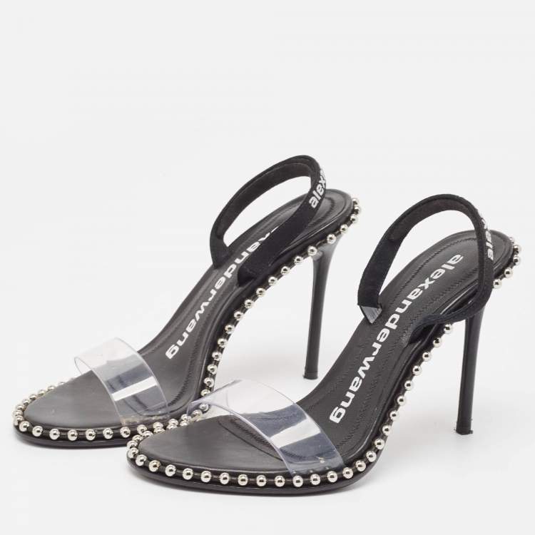 Pre Owned Alexander Wang Black Fabric and PVC Studded Nova Sandals Size 37