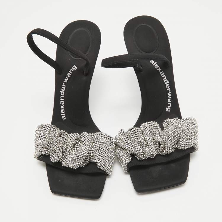 Pre Owned Alexander Wang Black Crystals Embellished Fabric Slingback Sandals Size 37