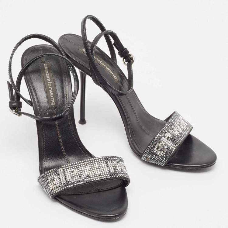 Pre Owned Alexander Wang Black Crystal Embellished Ankle Strap Sandals Size 37.5