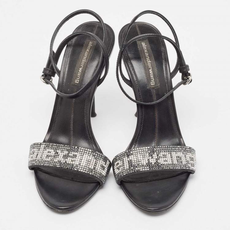 Pre Owned Alexander Wang Black Crystal Embellished Ankle Strap Sandals Size 37.5